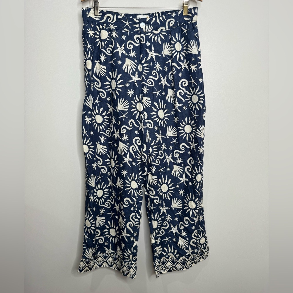C&C California 100% Linen Shell Ocean Print Wide Leg Trouser Pants Large Coastal